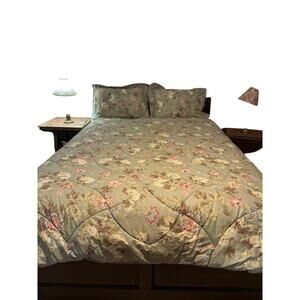 Laura Ashley Cottagecore Green Pink Floral Queen Size Comforter & Shams NWOT